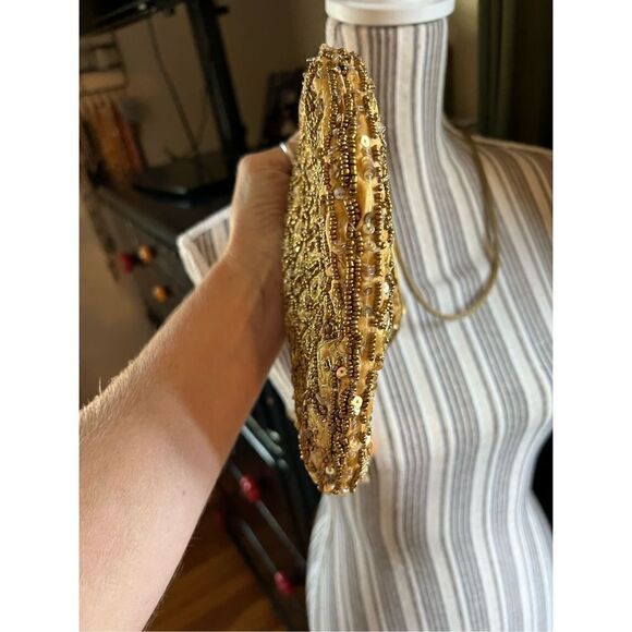 Gold satin beaded evening bag cross body purse - Picture 7 of 9